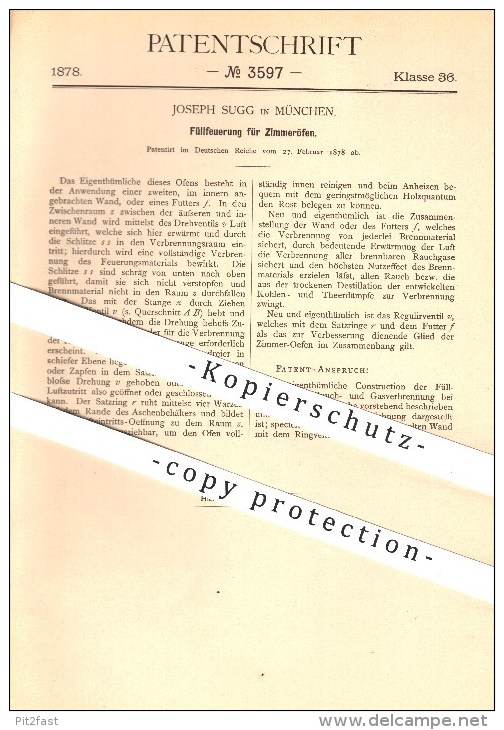 Original Patent - Joseph Sugg , München , 1878 , Feuerung Für Zimmeröfen , Ofen , Öfen , Ofenbauer , Ofenbau , Heizung ! - Historische Dokumente