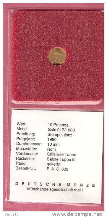 TONGA FAO 10 PA´ANGA 1980 GOLD COIN  FDC KM64 SCARCE - Tonga