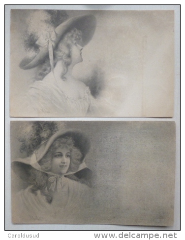 Cpa Precurseur Lot 2x Litho  Illustrateur Vienne Wichera Portrait Femme Chapeau Plumes Voyagé 1903 GRANGE-CANAL - Wichera