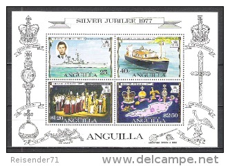Anguilla 1977 Geschichte Persönlichkeiten Royals Königin Elisabeth Prinz Charles Schiffe Minerva Insignien, Bl. 15 ** - Anguilla (1968-...)