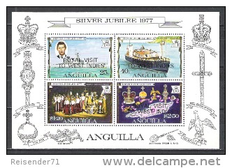 Anguilla 1977 Geschichte Persönlichkeiten Royals Königin Elisabeth Prinz Charles Schiffe Minerva Insignien, Bl. 17 ** - Anguilla (1968-...)
