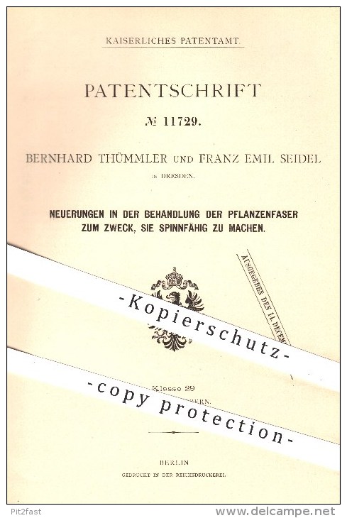 Original Patent - Bernhard Thümmler , Franz E. Seidel , Dresden , 1880 , Behandlung Von Pflanzenfaser , Fasern , Spinnen - Historische Dokumente