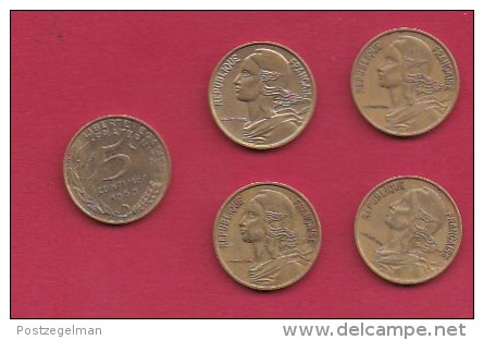 FRANCE, 1969, VF , 5 Circulated Coins Of 5 Centimes, Alu-Bronze, KM 933, C2899 - Andere & Zonder Classificatie