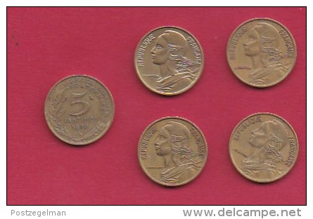 FRANCE, 1970, VF , 5 Circulated Coins Of 5 Centimes, Alu-Bronze, KM 933, C2900 - Other & Unclassified