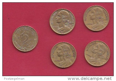 FRANCE, 1974, VF , 5 Circulated Coins Of 5 Centimes, Alu-Bronze, KM 933, C2904 - Other & Unclassified