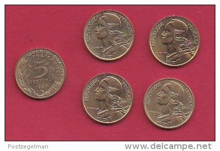 FRANCE, 1980, VF , 5 Circulated Coins Of 5 Centimes, Alu-Bronze, KM 933, C2910 - Andere & Zonder Classificatie