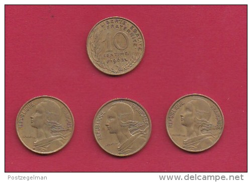 FRANCE, 1963, VF , 4 Circulated Coins Of 10 Centimes, Alu-Bronze, KM 929, C2912 - Andere & Zonder Classificatie
