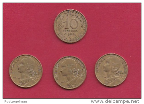 FRANCE, 1965, VF , 4 Circulated Coins Of 10 Centimes, Alu-Bronze, KM 929, C2914 - Andere & Zonder Classificatie