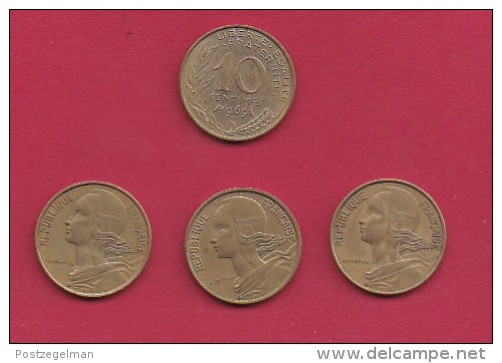 FRANCE, 1969, VF , 4 Circulated Coins Of 10 Centimes, Alu-Bronze, KM 929, C2918 - Andere & Zonder Classificatie