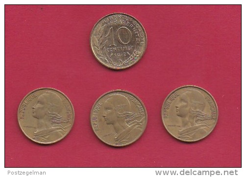 FRANCE, 1972, VF , 4 Circulated Coins Of 10 Centimes, Alu-Bronze, KM 929, C2920 - Andere & Zonder Classificatie