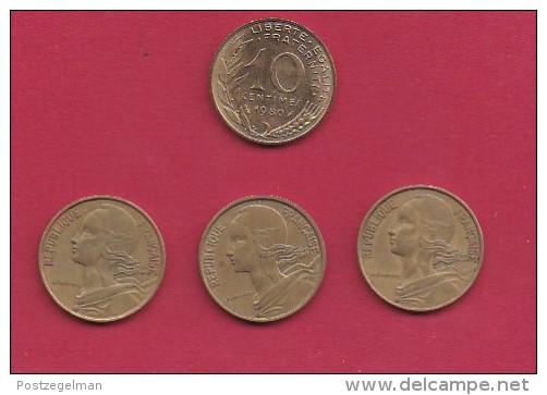 FRANCE, 1980, VF , 4 Circulated Coins Of 10 Centimes, Alu-Bronze, KM 929, C2927 - Andere & Zonder Classificatie