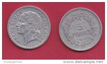 FRANCE, 1945, VF , Circulated 5 Franc Coin, Aluminium, Open 9, B,  KM888b.2, C2882 - Andere & Zonder Classificatie