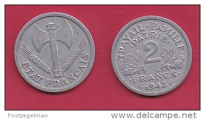 FRANCE, 1943, VF , Circulated 2 Franc Coin, Aluminium, KM 904.1, C2888 - Andere & Zonder Classificatie