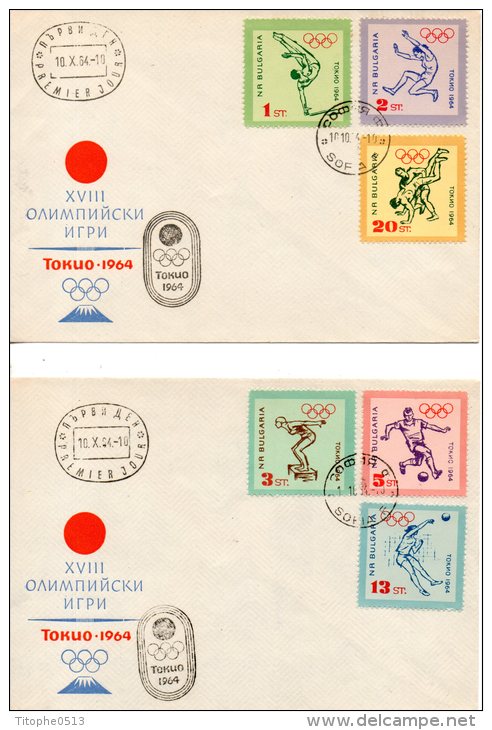 BULGARIE. N°1279-84 De 1964 Sur 2 Enveloppes 1er Jour. J.O. De Tokyo/Football/Plongeon/Boxe/Gymnastique/Hand/Lutte. - Summer 1964: Tokyo