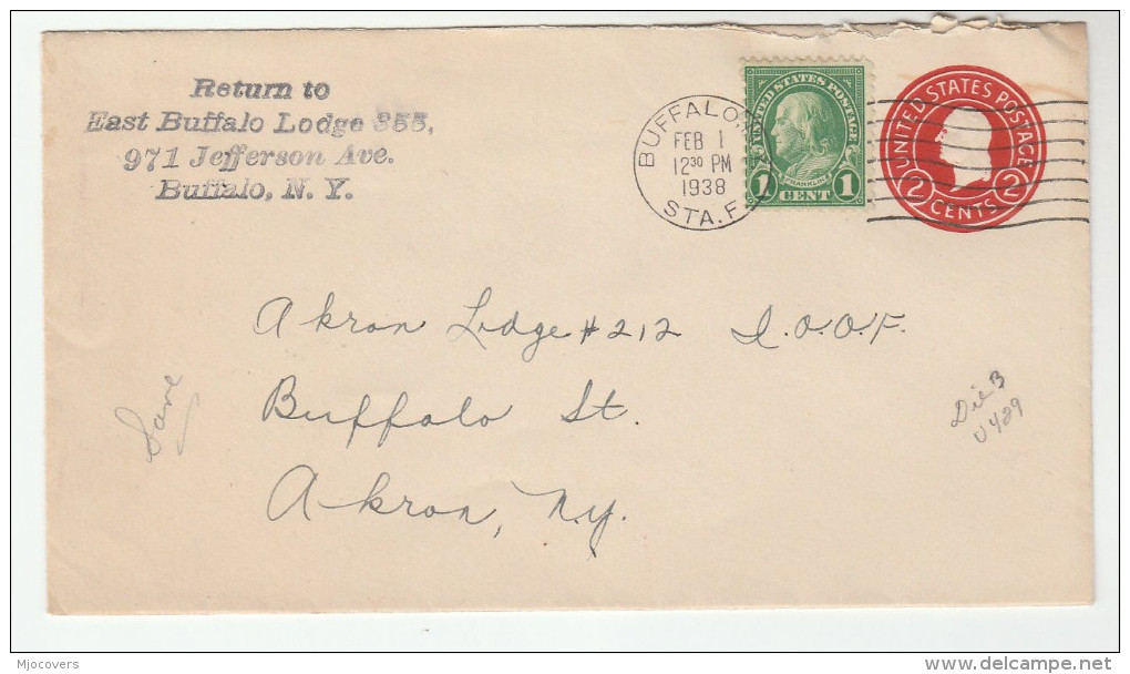 1938 USA EAST BUFFALO LODGE 355 Postal STATIONERY COVER To AKRON LODGE 212 Freemasonry Masonic Stamps Masons - Massoneria