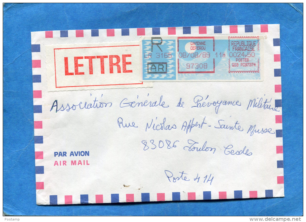 MARCOPHILIE-Lettre REC-Guyane Pour Françe-affran étiquette Distributeur Cayenne Ceperou 1989 à 24.5frs - Andere & Zonder Classificatie