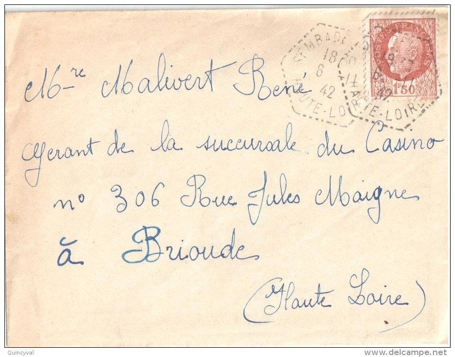 3317 SEMRADE Haute Loire Yv 517 1,50 F BrunOb 1942 Hexagone Recette Auxiliaire Urbaine Lautier D4 - Briefe U. Dokumente