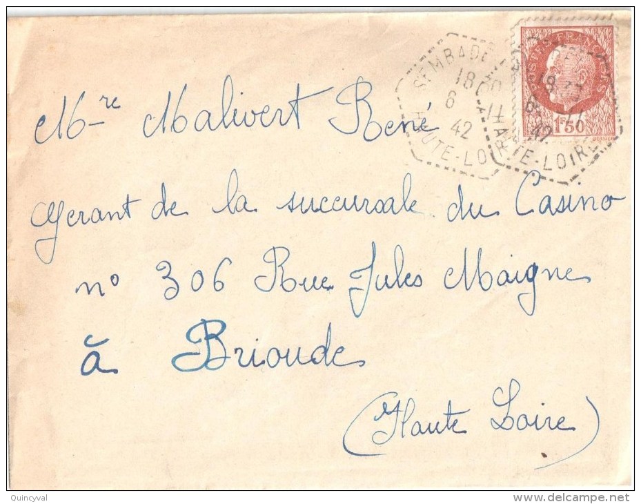 3317 SEMRADE Haute Loire Yv 517 1,50 F BrunOb 1942 Hexagone Recette Auxiliaire Urbaine Lautier D4 - Storia Postale