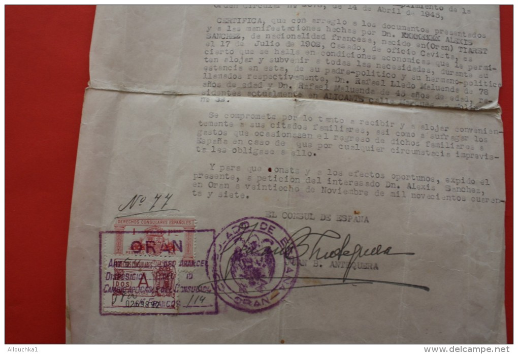 1945 TITRE DE TRANSPORT CONSUL DE ESPANA ORAN ALGERIE FRANCAISE ORDRE CIRCULAR N°2078 SANCHEZ NACIO TIARET 1902 FISCAL - Autres & Non Classés