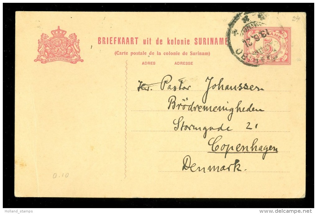 SURINAME * BRIEFKAART Uit 1921 Gelopen Van PARAMARIBO Naar KOPENHAGEN DANEMARK * VOORDRUK (9910J) - Suriname ... - 1975