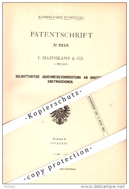Original Patent - F. Hasenkamp & Co. In Neviges B. Velbert , 1879 , Brotteig-Knetmaschine , Bäckerei , Bäcker !!! - Velbert