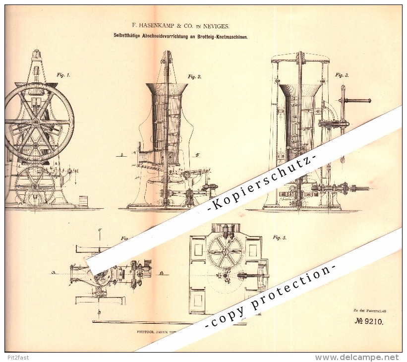 Original Patent - F. Hasenkamp & Co. In Neviges B. Velbert , 1879 , Brotteig-Knetmaschine , Bäckerei , Bäcker !!! - Velbert