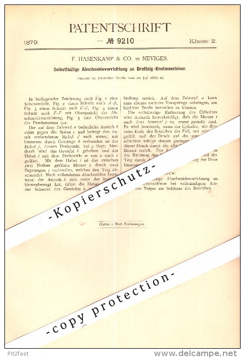 Original Patent - F. Hasenkamp & Co. In Neviges B. Velbert , 1879 , Brotteig-Knetmaschine , Bäckerei , Bäcker !!! - Velbert