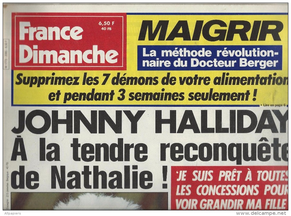 France Dimanche N°2085 Johnny Hallyday A La Tendre Reconquête De Nathalie - Jeane Manson De 1986 - 1950 - Heute