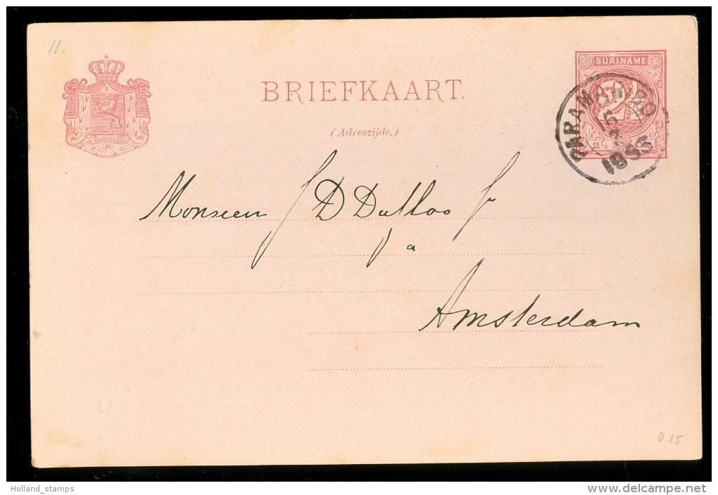 SURINAME * BRIEFKAART Uit 1893 Gelopen Van PARAMARIBO Naar AMSTERDAM * VOORDRUK (9910s) - Surinam ... - 1975