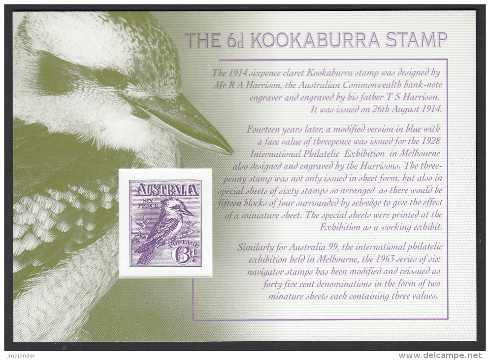 Australia 1999 Facsimile Of 6d Kookaburra Stamp. Hand Engraved Steel Die Of Original Design From Australia Post Archi... - Essais & Réimpressions