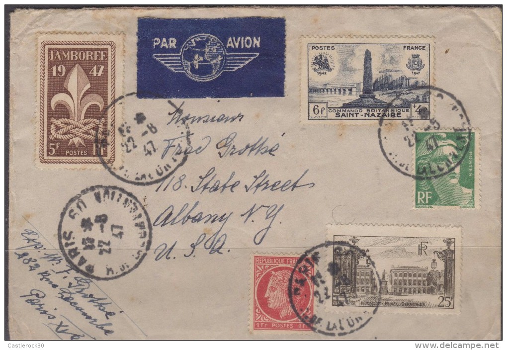 O) 1947 FRANCE, SCOUTS, SAINT NAZAIRE - MONUMENT, AIRMAIL FROM PARISTO ALBANY - USA, XF - 1927-1959 Used