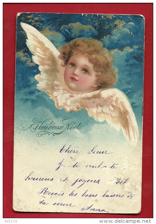 FXI-23  Heureux Noël,  Ange, Visage D'enfant. Précurseur. Cachet 1901 .  Petites Marques Visibles Sur Le Scan - Anges