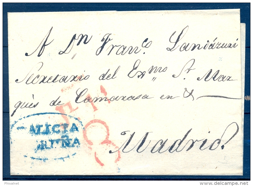 1833 - 1840 GALICIA , ENVUELTA CIRCULADA ENTRE CORUÑA Y MADRID , TIZÓN Nº 9 EN AZUL - ...-1850 Prefilatelia