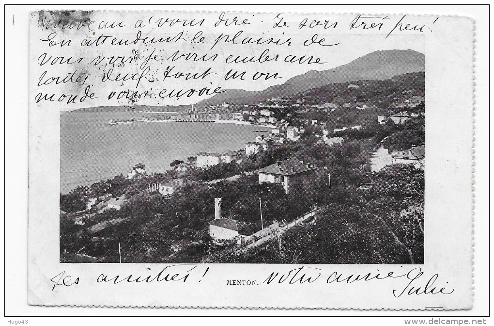 (RECTO / VERSO) MENTON EN 1912 - VUE GENERALE - CARTE SOUPLE - TIMBRE ENLEVE - CPA - Menton