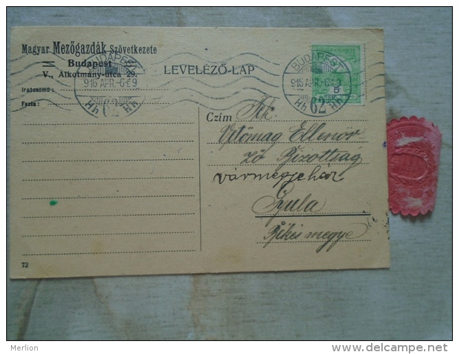 Hungary  Magyar Mezög. Szöv. Budapest 1916 -to GYULA - Békés Vármegye Föispánja Levélzáró   D131771 - Storia Postale