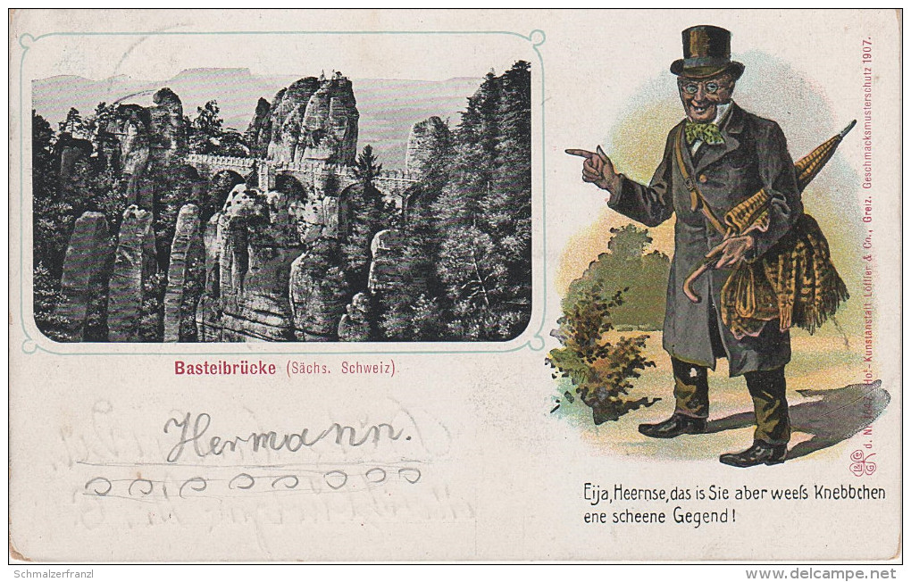 Litho AK Bastei Basteibrücke Sächsische Schweiz Bei Rathen Wehlen Obervogelgesang Pirna Königstein  Fritze Bliemchen - Bastei (sächs. Schweiz)