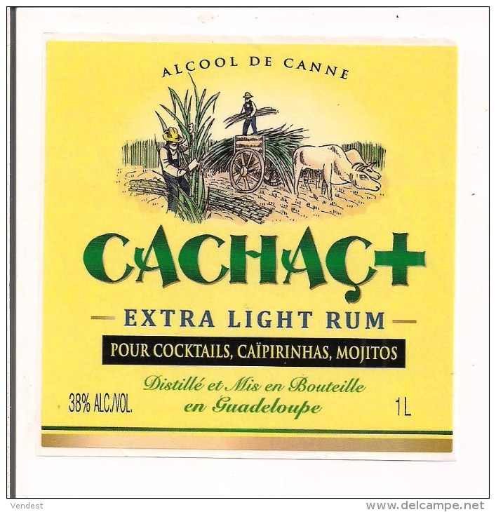 Etiquette   Alcool De Canne CACHAC+ - Extra Light Rhum Pour Cocktails, Caïpirinhas, Mojitos -  GUADELOUPE - - Rhum