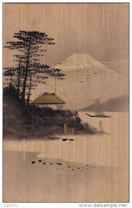 Bois - Fantaisies - Peinture Noir Et Or  - Décor Japonisant - Fuji Yama - Autres & Non Classés