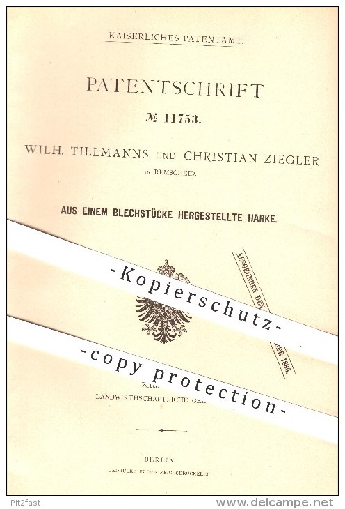 Original Patent - Wilh. Tillmanns , Christian Ziegler , Remscheid , 1880 , Harke Aus Einem Blechstück , Harken , Rechen - Historische Dokumente