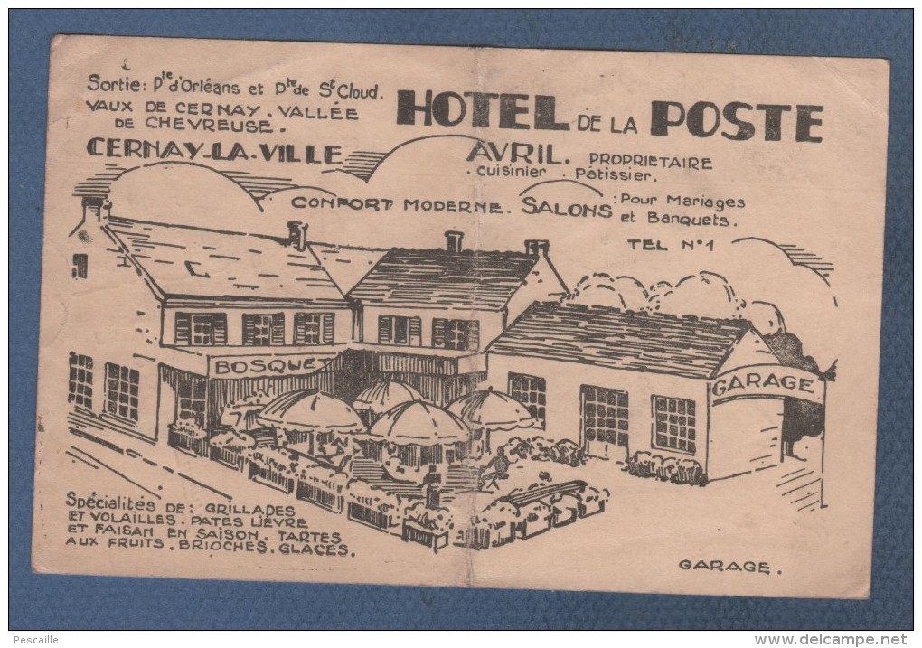 78 YVELINES - CARTE COMMERCIALE AVEC PLAN HOTEL DE LA POSTE / RESTAURANT AVRIL A CERNAY LA VILLE - Tarjetas De Visita