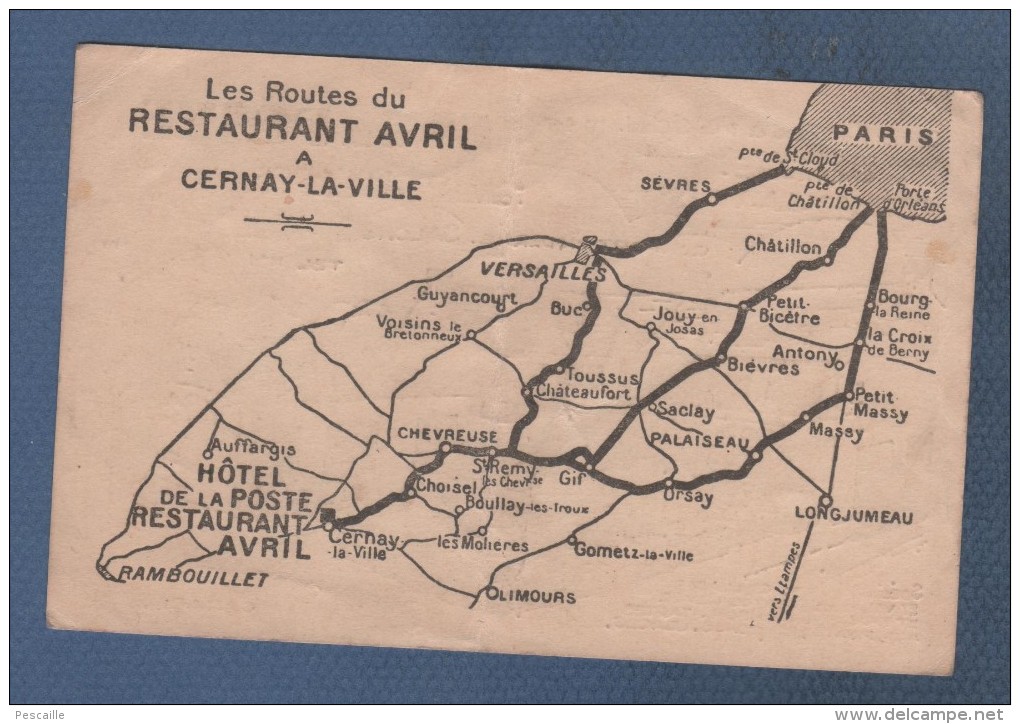 78 YVELINES - CARTE COMMERCIALE AVEC PLAN HOTEL DE LA POSTE / RESTAURANT AVRIL A CERNAY LA VILLE - Tarjetas De Visita