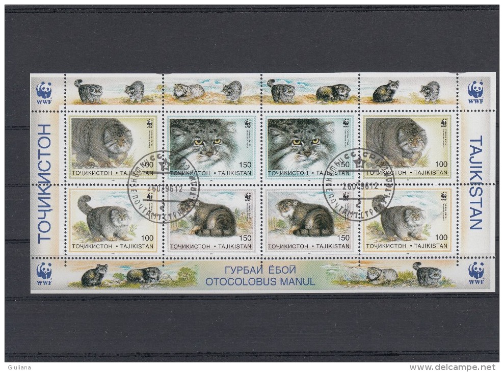 Tajikistan 1996  - Minifogliodi 8 Stamps Used 86/89(Yt)  Protezione Fauna  Gatti - Used Stamps