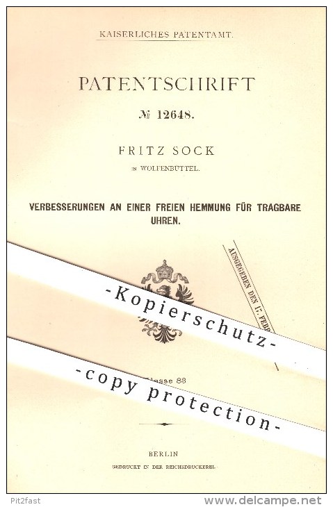 Original Patent - Fritz Sock In Wolfenbüttel , 1880 , Freie Hemmung Für Tragbare Uhren , Uhr , Uhrmacher , Uhrwerk !!! - Historische Dokumente