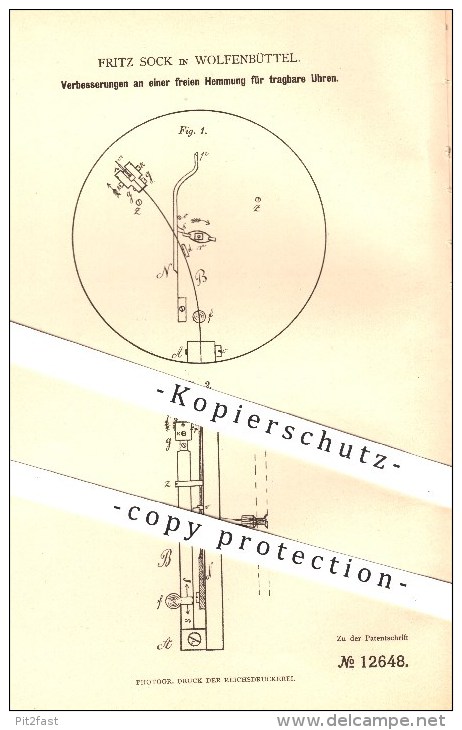 Original Patent - Fritz Sock In Wolfenbüttel , 1880 , Freie Hemmung Für Tragbare Uhren , Uhr , Uhrmacher , Uhrwerk !!! - Historische Dokumente