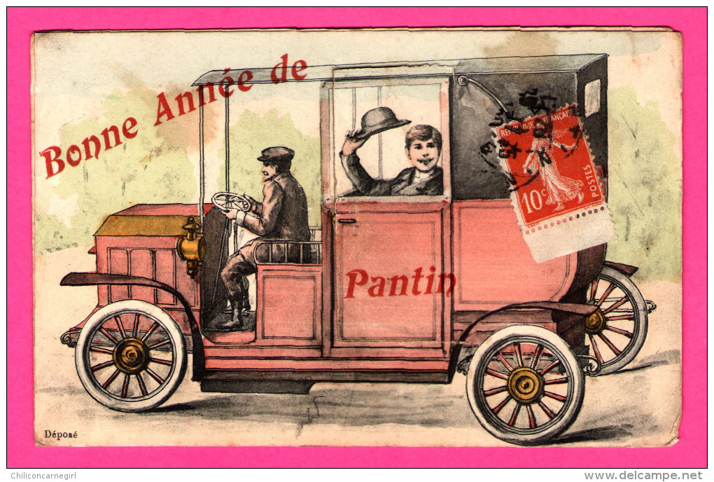 Carte Système - Bonne Année De Pantin - Voiture - Fiacre - Dessin - 1907 - Colorisée - Taxis & Huurvoertuigen