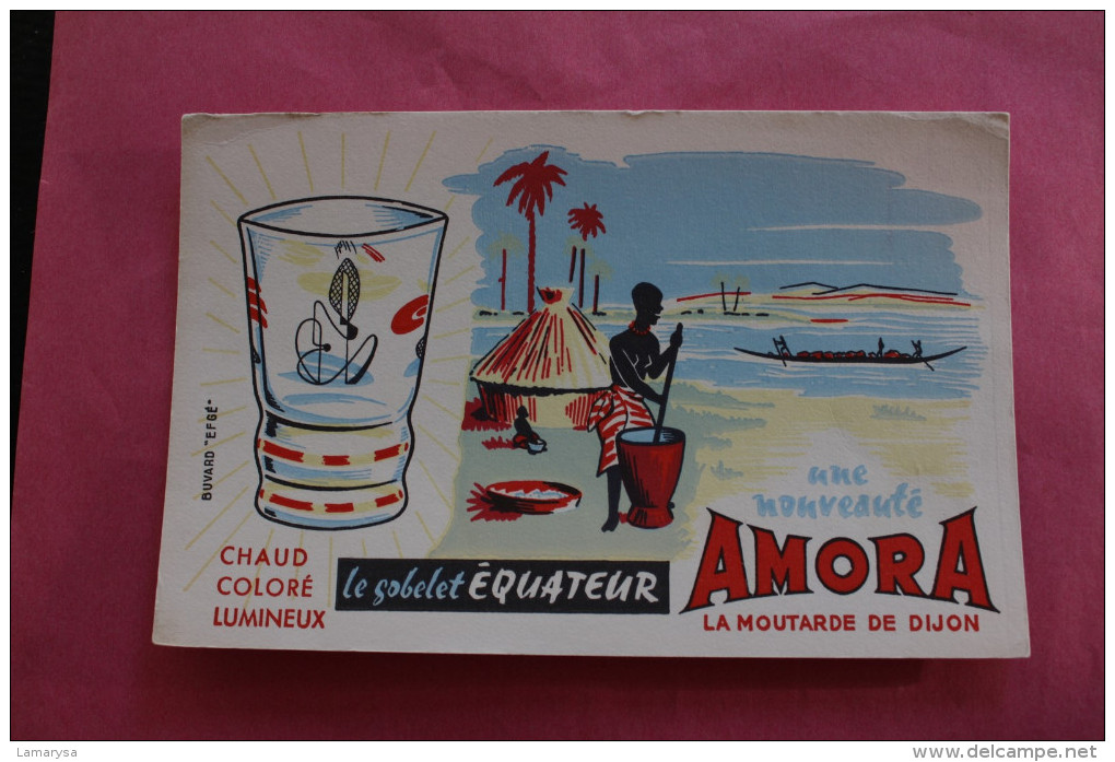 BUVARD PUBLICITAIRE ->MOUTARDE AMORA VERRE Décoré EQUATEUR  CHAUD COLORE LUMINEUX CASES AFRIQUE  PIROGUE  VINTAGE - Senape