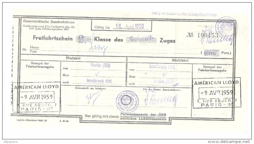 Billet Freifahrtschein 2 Klasse Des Schnell Zuges Bucks/Innsbruck Hbf De 1959 N°100153 - Chemin De Fer