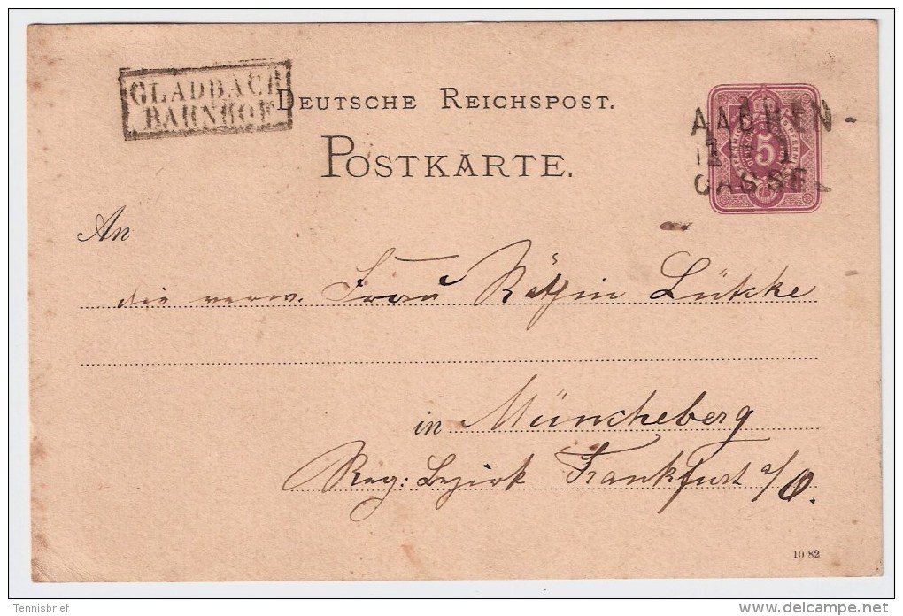 DR, Bahnpost, 1882, " GLADBACH - BAHNHOF " , #3552 - Briefe U. Dokumente