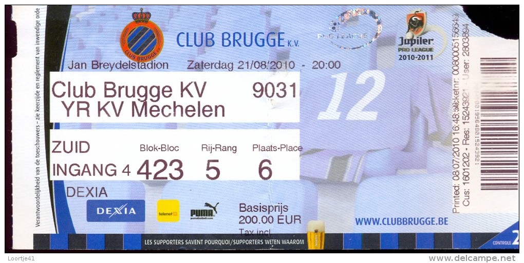 Inkom Ticket Toegangskaart Voetbal - Match Club Brugge - KV Mechelen - 2010 - Tickets - Entradas