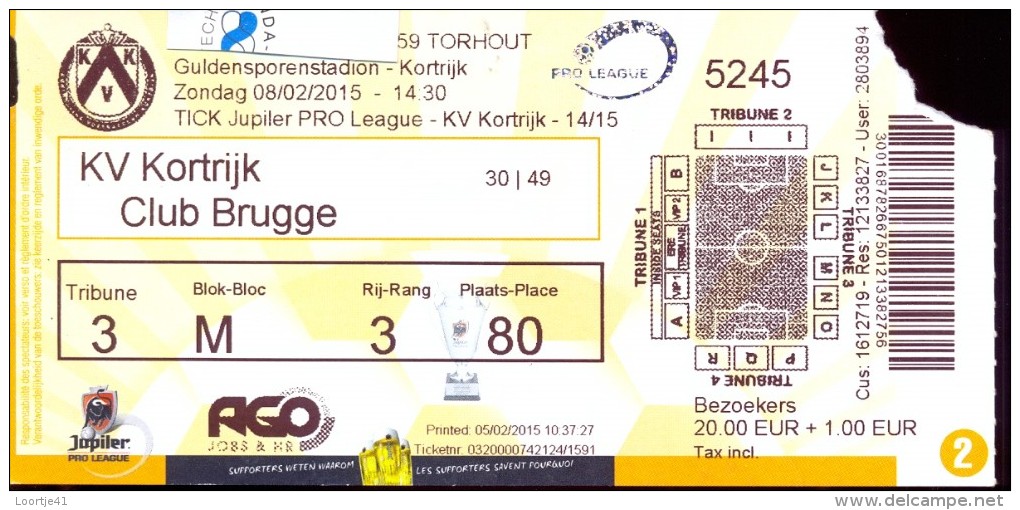 Inkom Ticket Toegangskaart Voetbal - Match -  KV Kortrijk - Club Brugge - 2012 - Tickets - Entradas